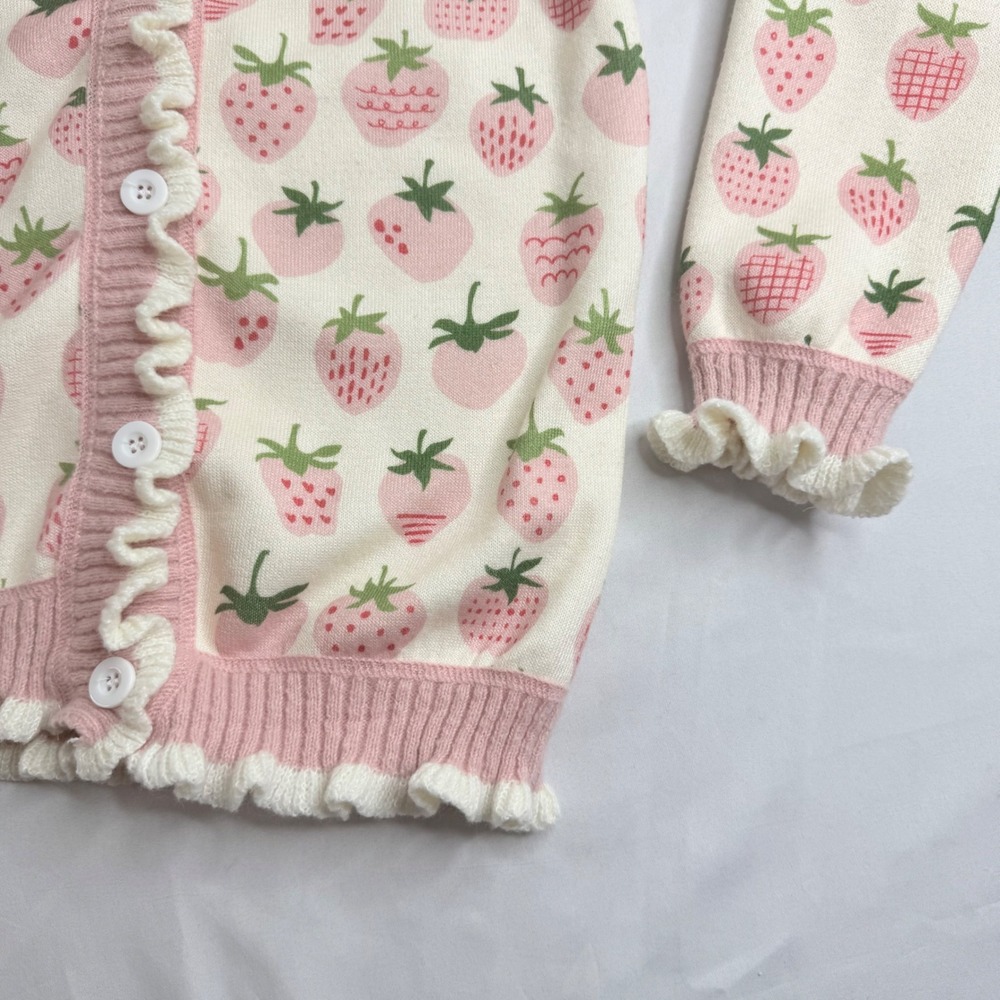 Womens Strawberry Print Ruffle Trim Knit Cardigan Pink Cream V-Neck Button Up - Picture 5 of 11